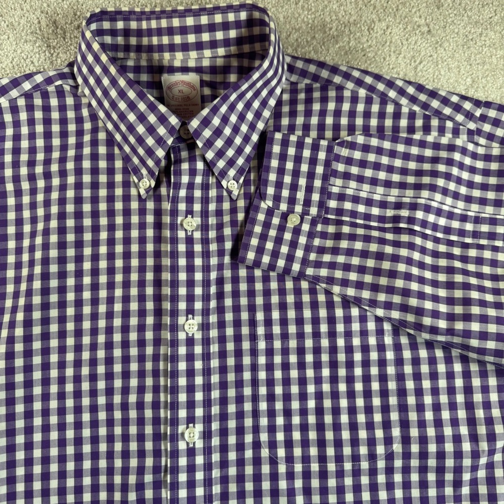 Brooks Brothers Men XL Purple Gingham Non-Iron Supima Cotton Polo Shirt Long Slv